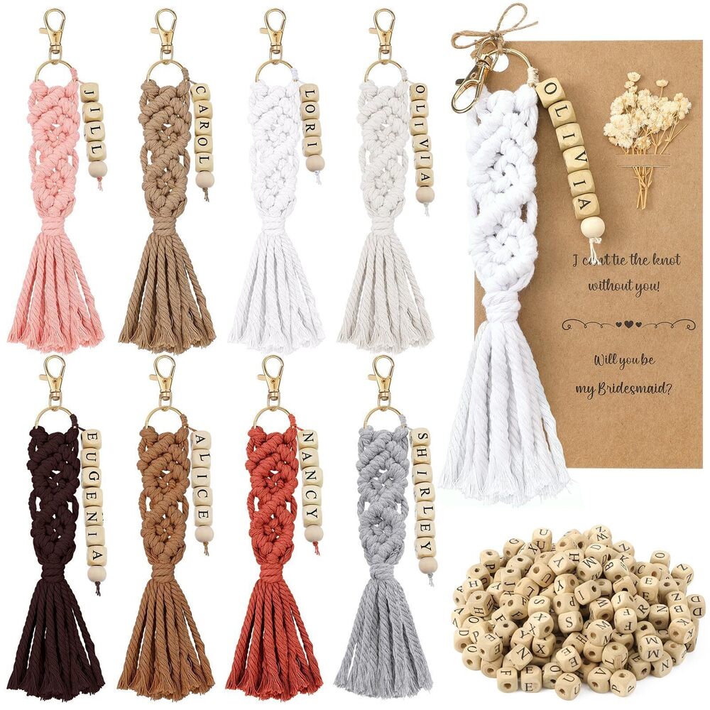 4741 8 Sets Bridesmaid Proposal Gift Boho Macrame Keychains DIY Name Craft